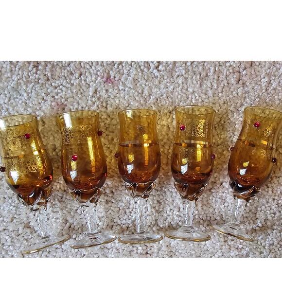 5 1930 Murano Tulip Cordial Glasses 22k Gold Trim and Filigree w/ Red Jewels - Picture 15 of 15